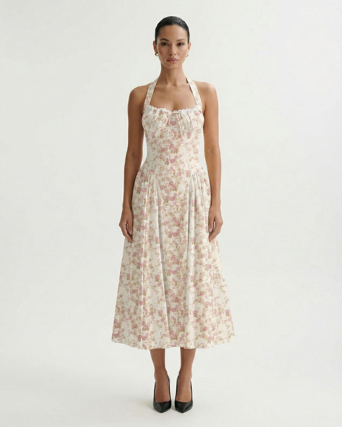 Santorini Halter Neck Contoured Stretch Dress – Small Red Flowers on White – view 2