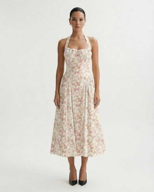 Santorini Halter Neck Contoured Stretch Dress – Small Red Flowers on White – view 2