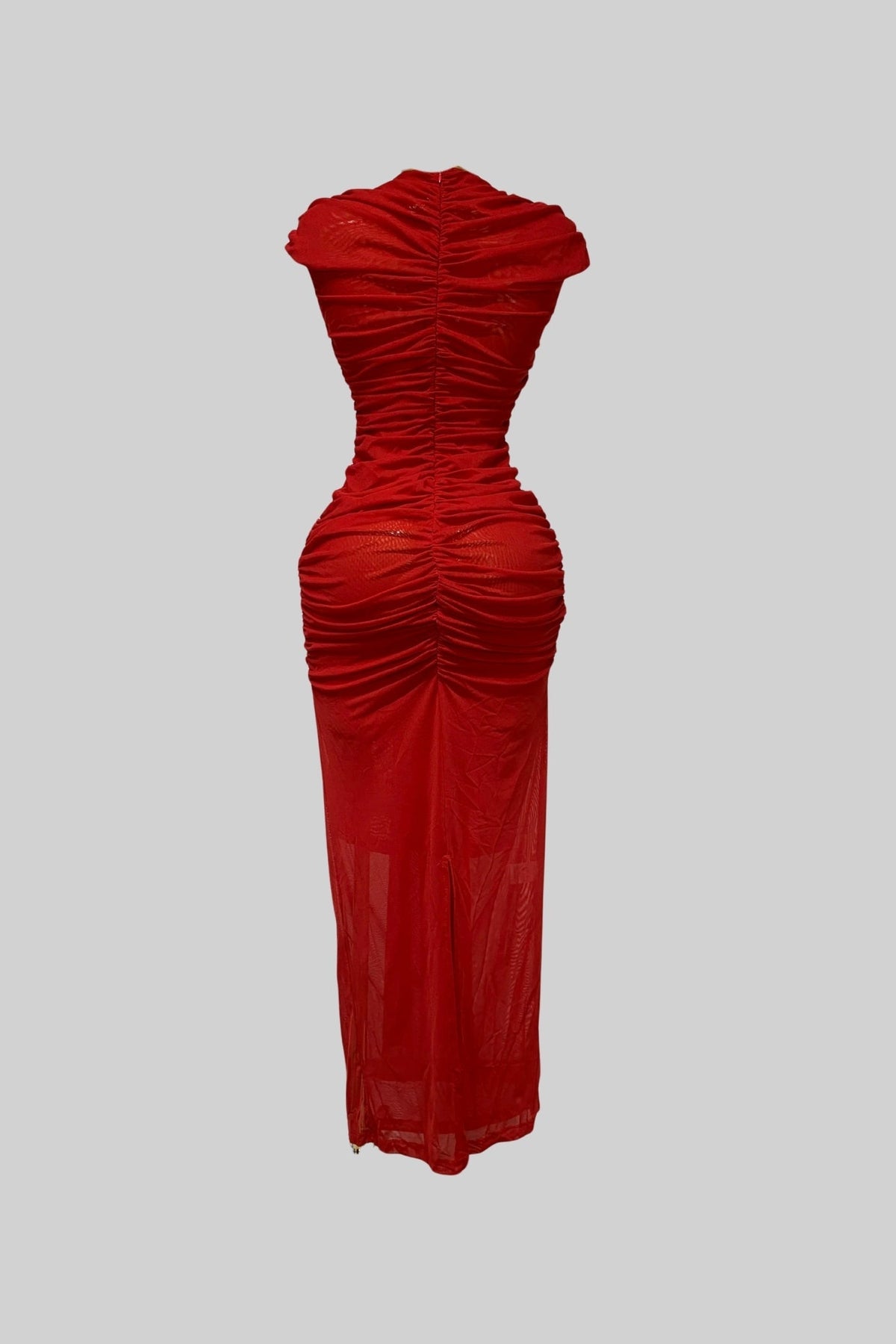 Floor Length Draped Cut-Out Gown with Gathered Detail – Red – view 3