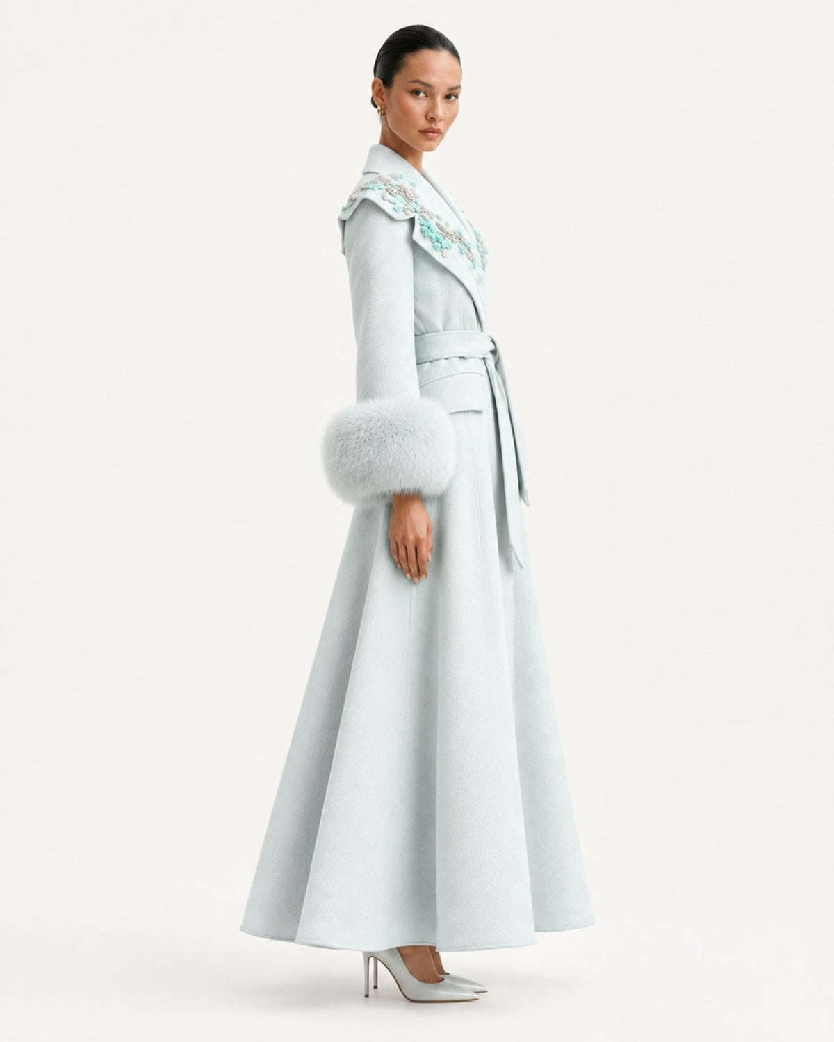 Hamptons Long Wool Cashmere Coat with Embellished Collar – view 12