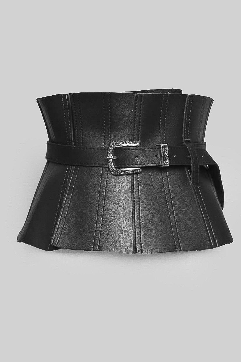 Wide Vegan Leather Adjustable Corset Belt with Silver Detail – Black – view 2