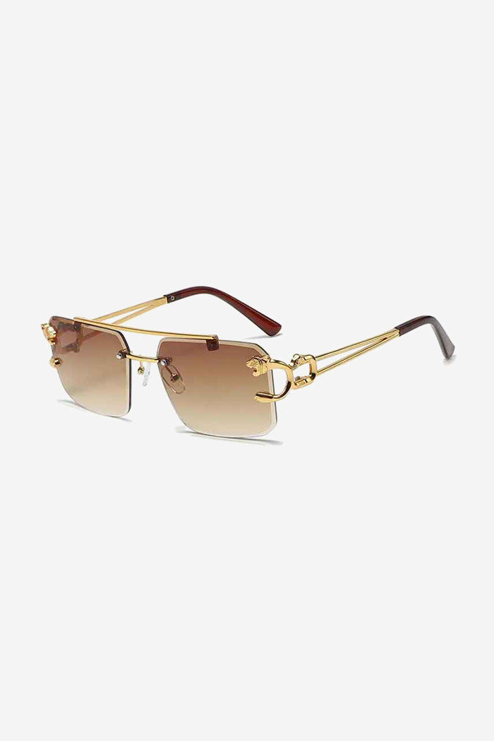 Rimless Square Sunglasses with Gold Panther and Double-Bar Temples – Brown