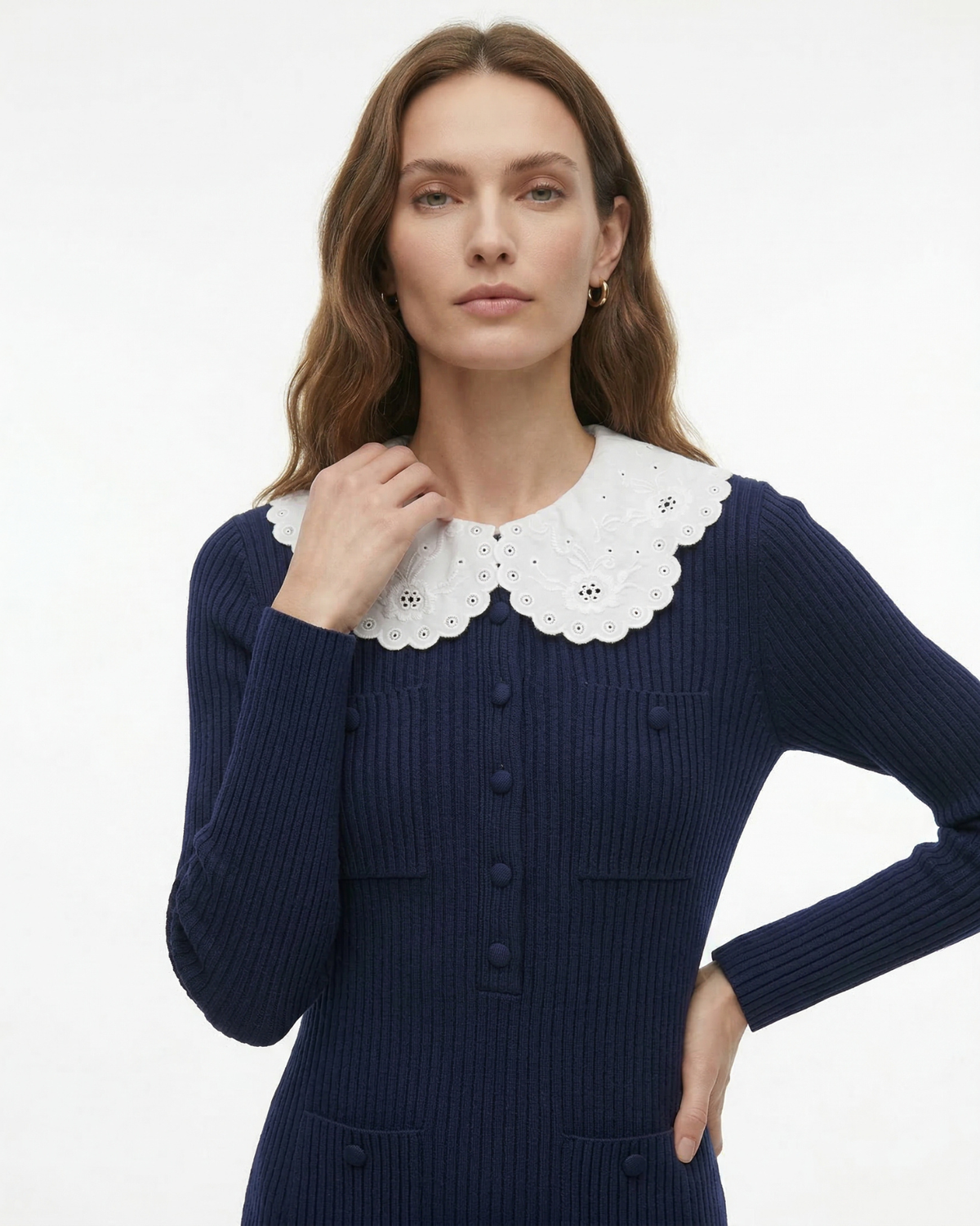 Candie Embroidered Lapel Knit Dress with Ruffled Skirt – Dark Blue – view 7