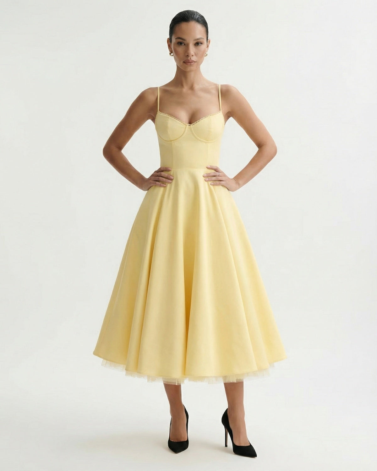 Giulia Duchess Satin Midi Dress with Tulle Underskirt – Yellow – view 4