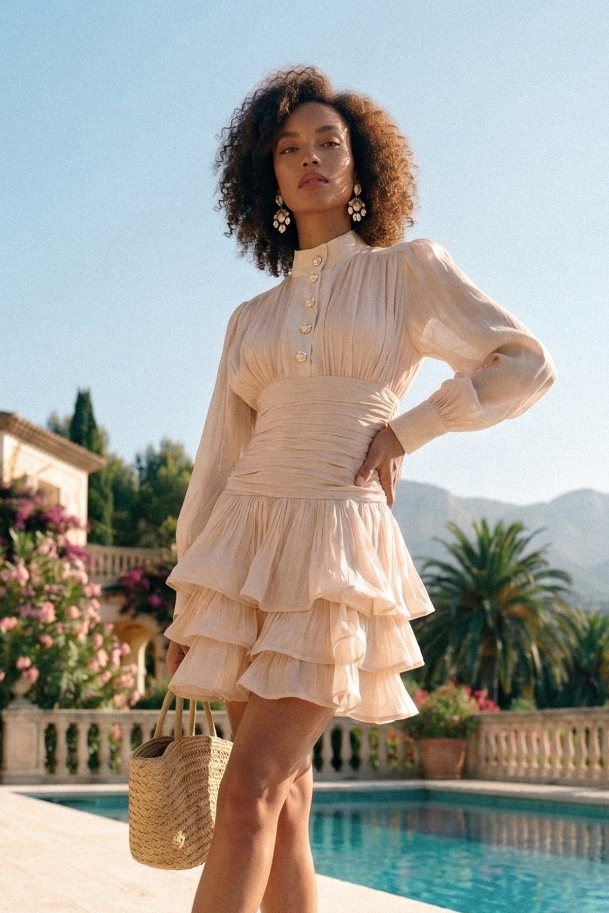 Stand Collar Balloon Sleeve Mini Dress with Tiered Ruffle Skirt – Champagne – view 5