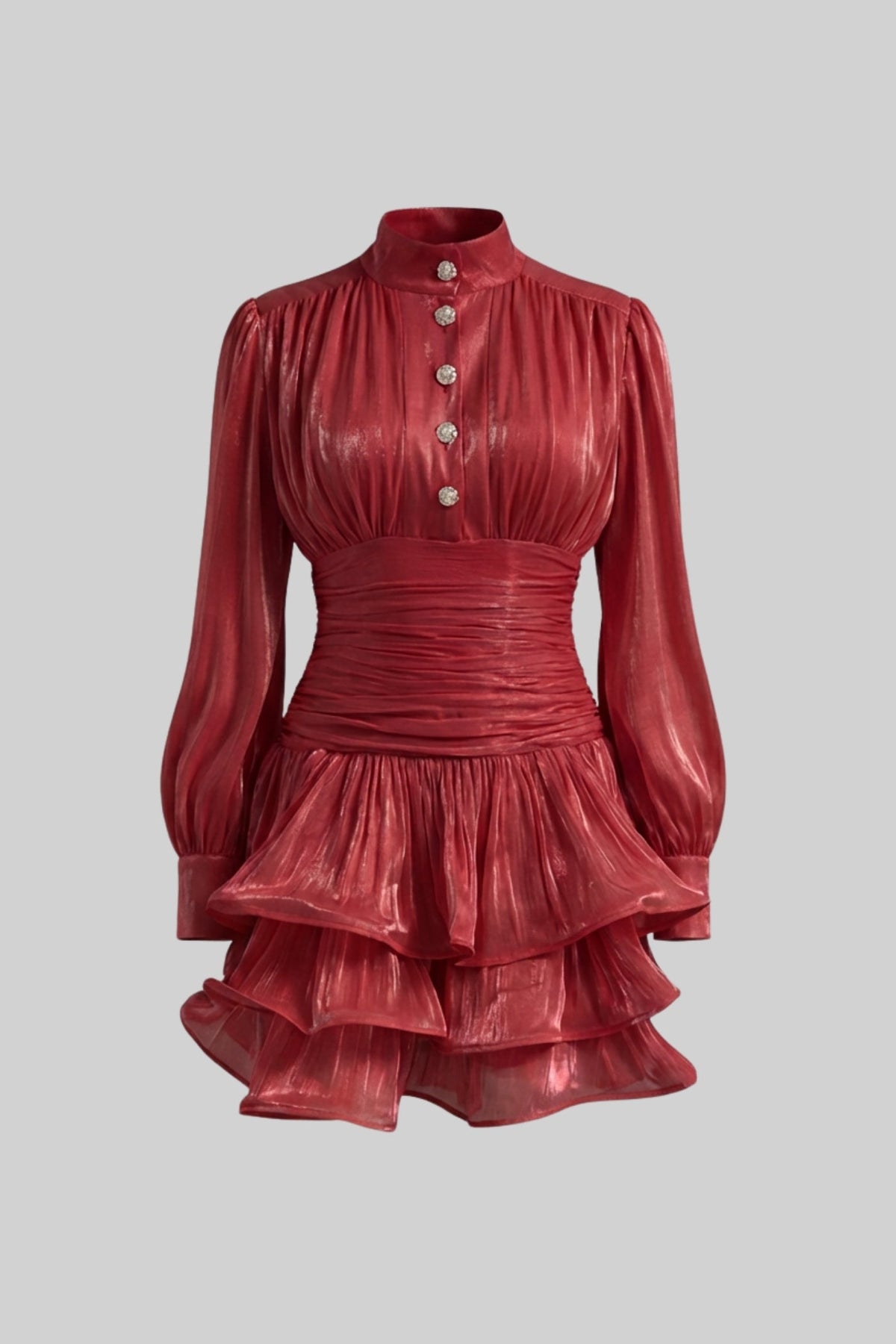 Long Sleeve Tiered Ruffle Mini Dress with Stand Collar – Red – view 2