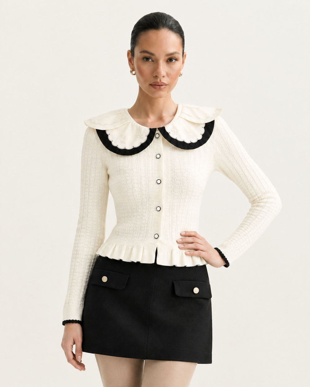 Slim Fit Colourblock Viscose Knit Cardigan with Embroidered Collar