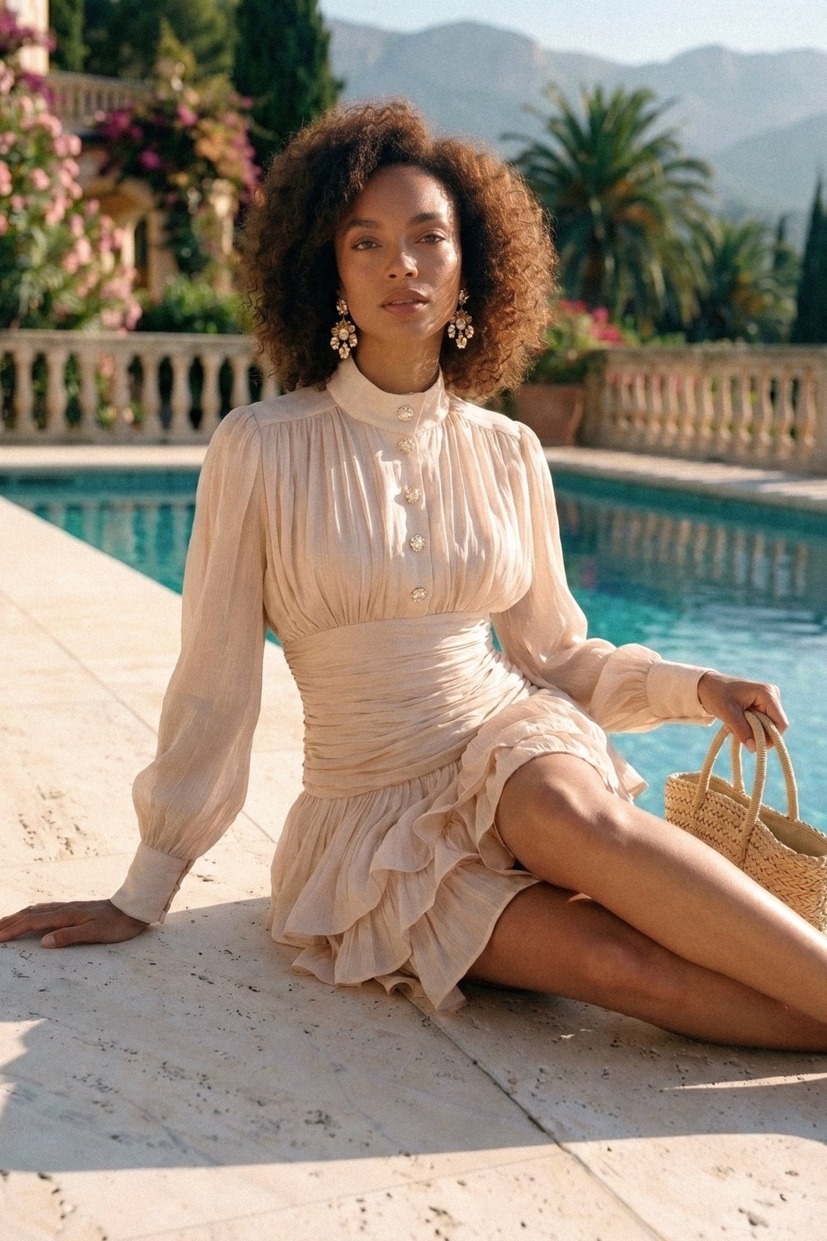 Stand Collar Balloon Sleeve Mini Dress with Tiered Ruffle Skirt – Champagne – view 4