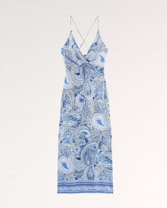 Corfu Grecian Draped Linen Blend Maxi Dress – Blue Print
