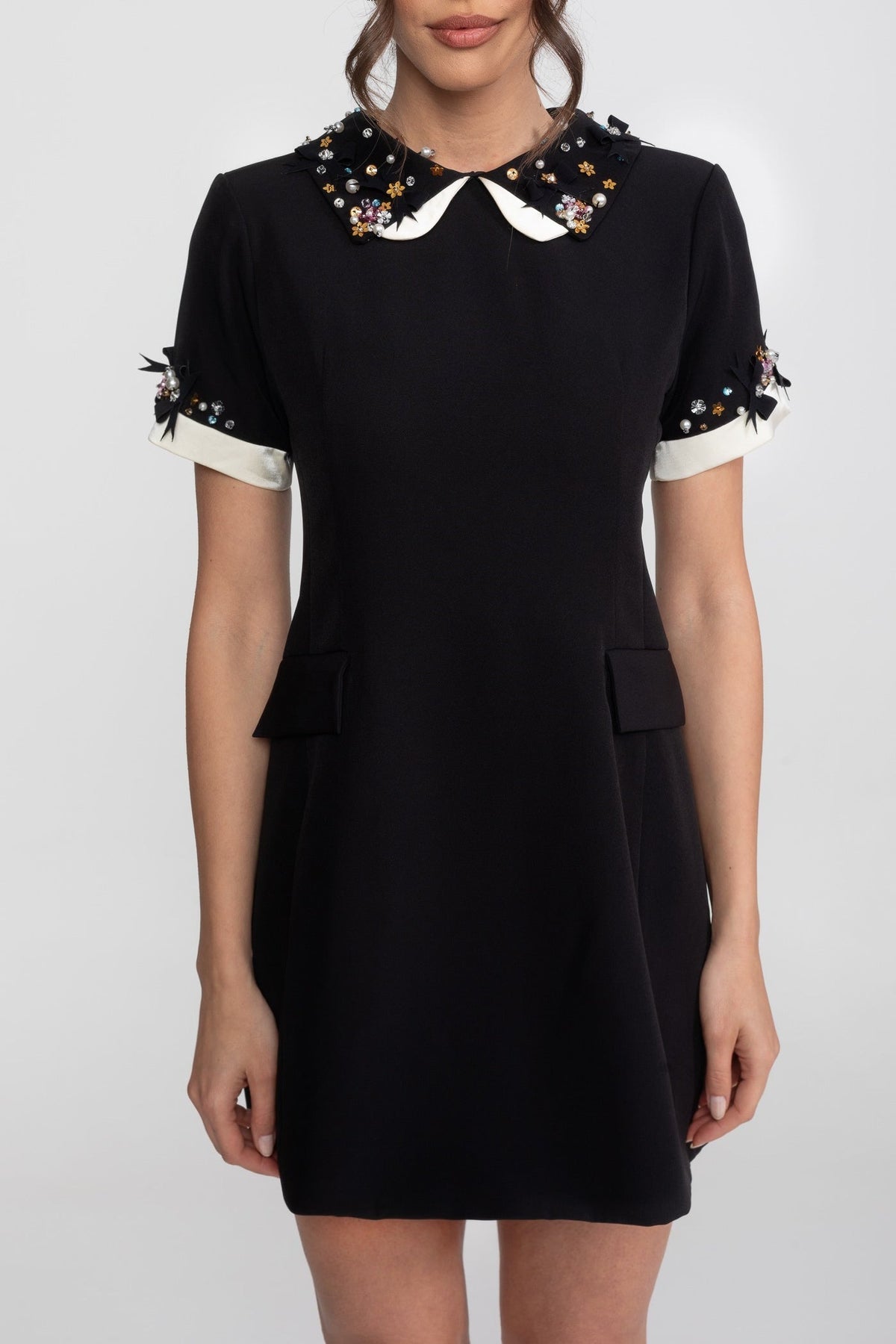 Crystal Embellished Peter Pan Collar A-Line Mini Dress with Jewel Cuffs – Black – view 2