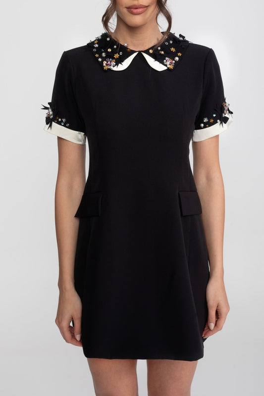Crystal Embellished Peter Pan Collar A-Line Mini Dress with Jewel Cuffs – Black – view 2