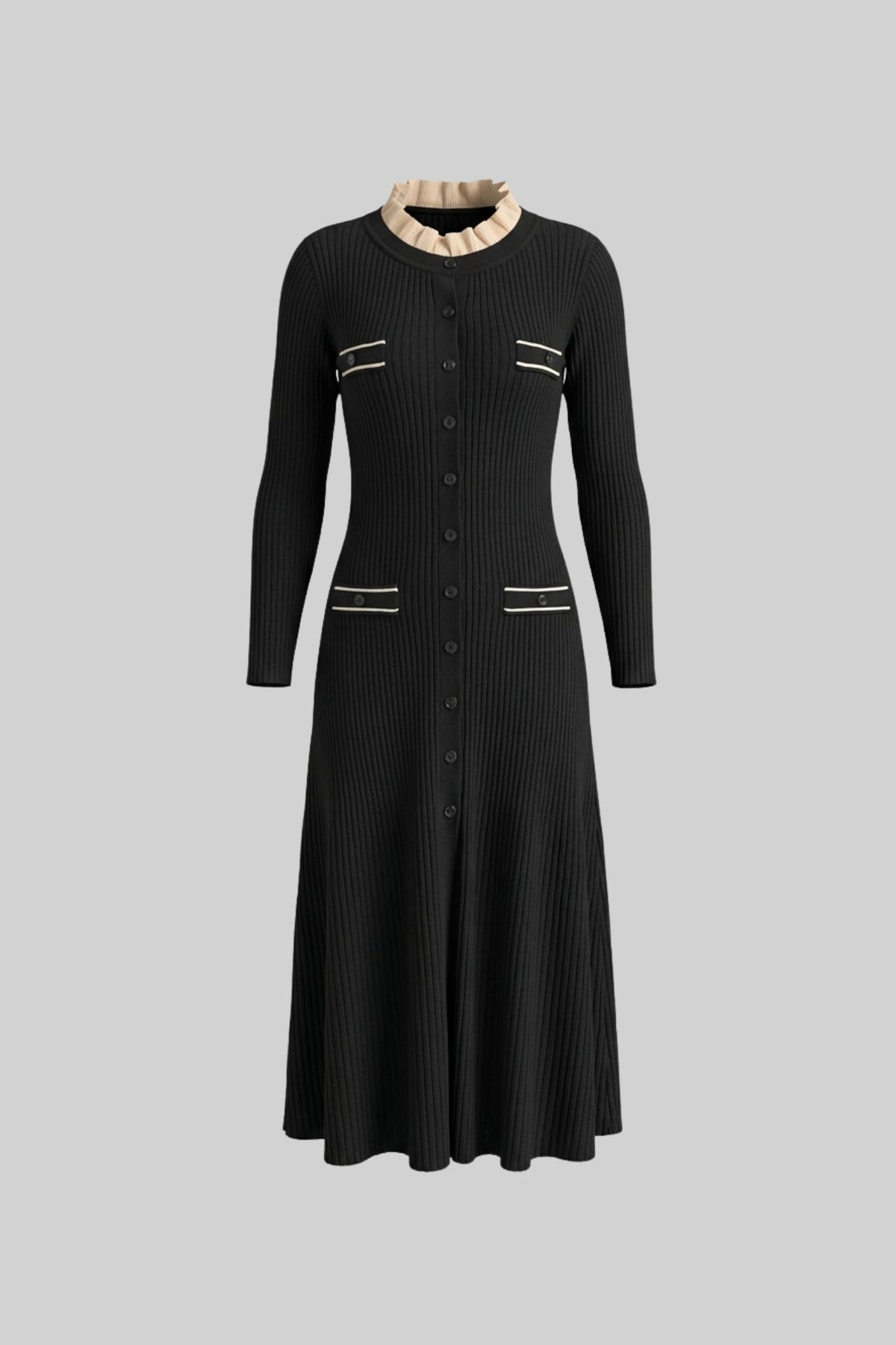 Ribbed Knit Button-Through Midi Dress with Ruffle Neck – Black