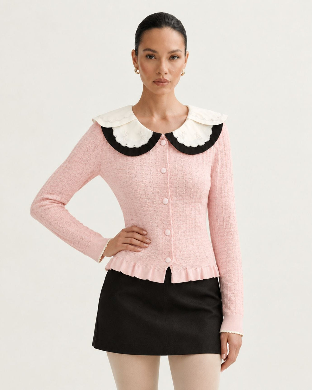 Slim Fit Colourblock Viscose Knit Cardigan with Embroidered Collar – view 11
