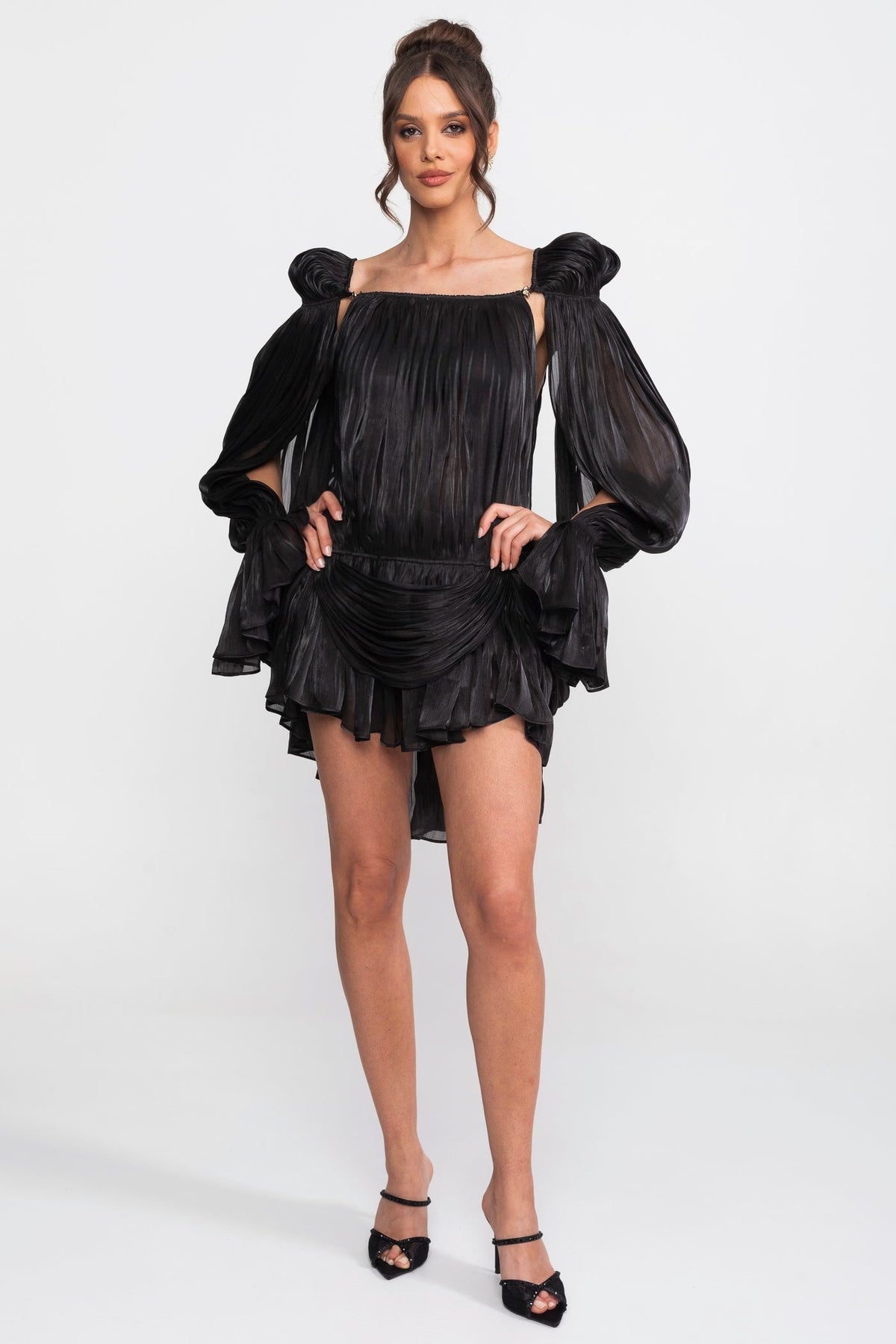 Sheer Chiffon Cape Sleeve Mini Dress with Gold Clip Detail – Black – view 4