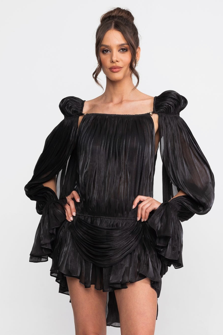 Sheer Chiffon Cape Sleeve Mini Dress with Gold Clip Detail – Black – view 2
