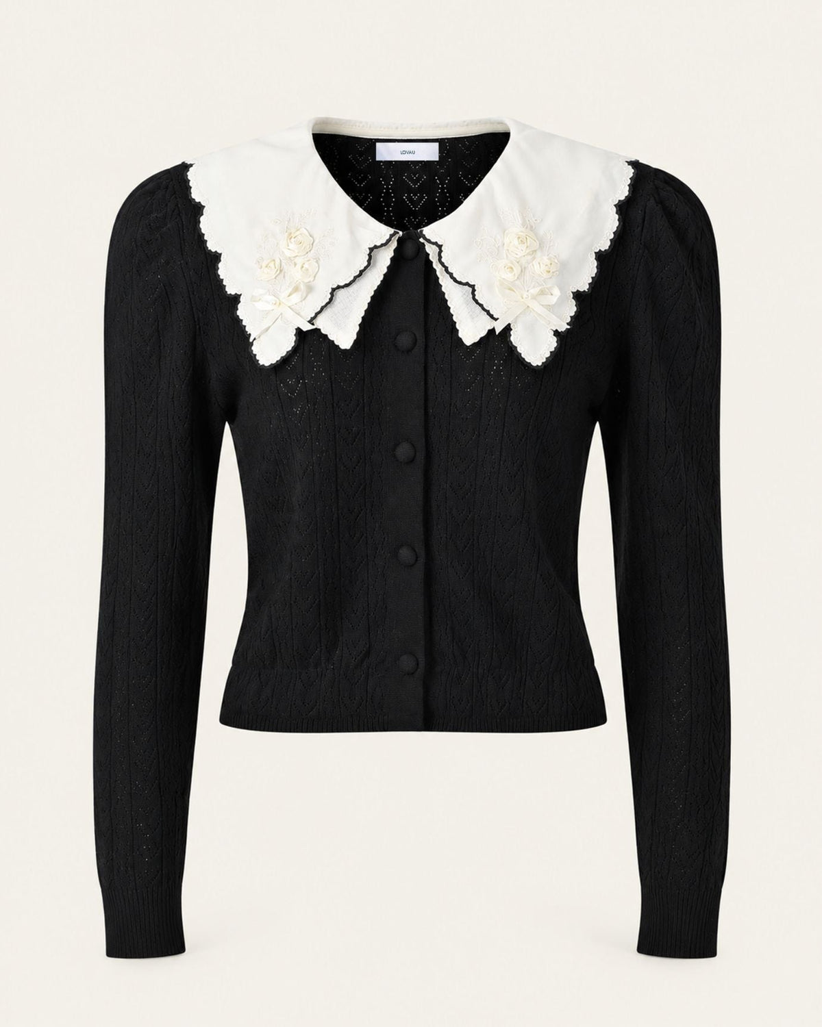 Kimberly Long Sleeve Cardigan with Embroidered Floral Collar – Black – view 2