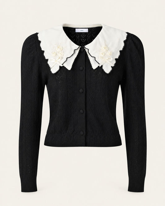 Kimberly Long Sleeve Cardigan with Embroidered Floral Collar – Black