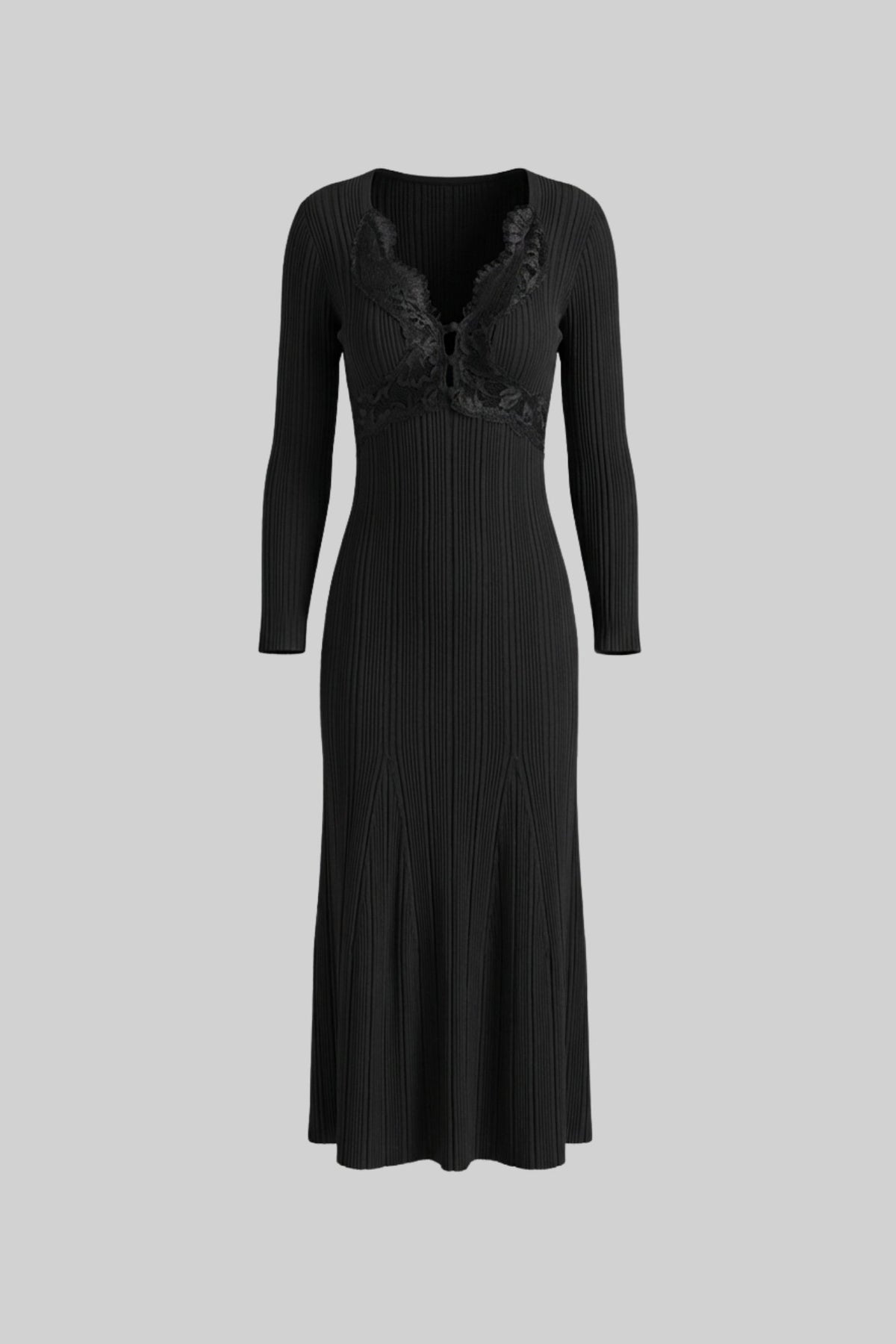 Ribbed Knit Lace Trim V-Neck Long Sleeve Midi Dress – Black – view 2