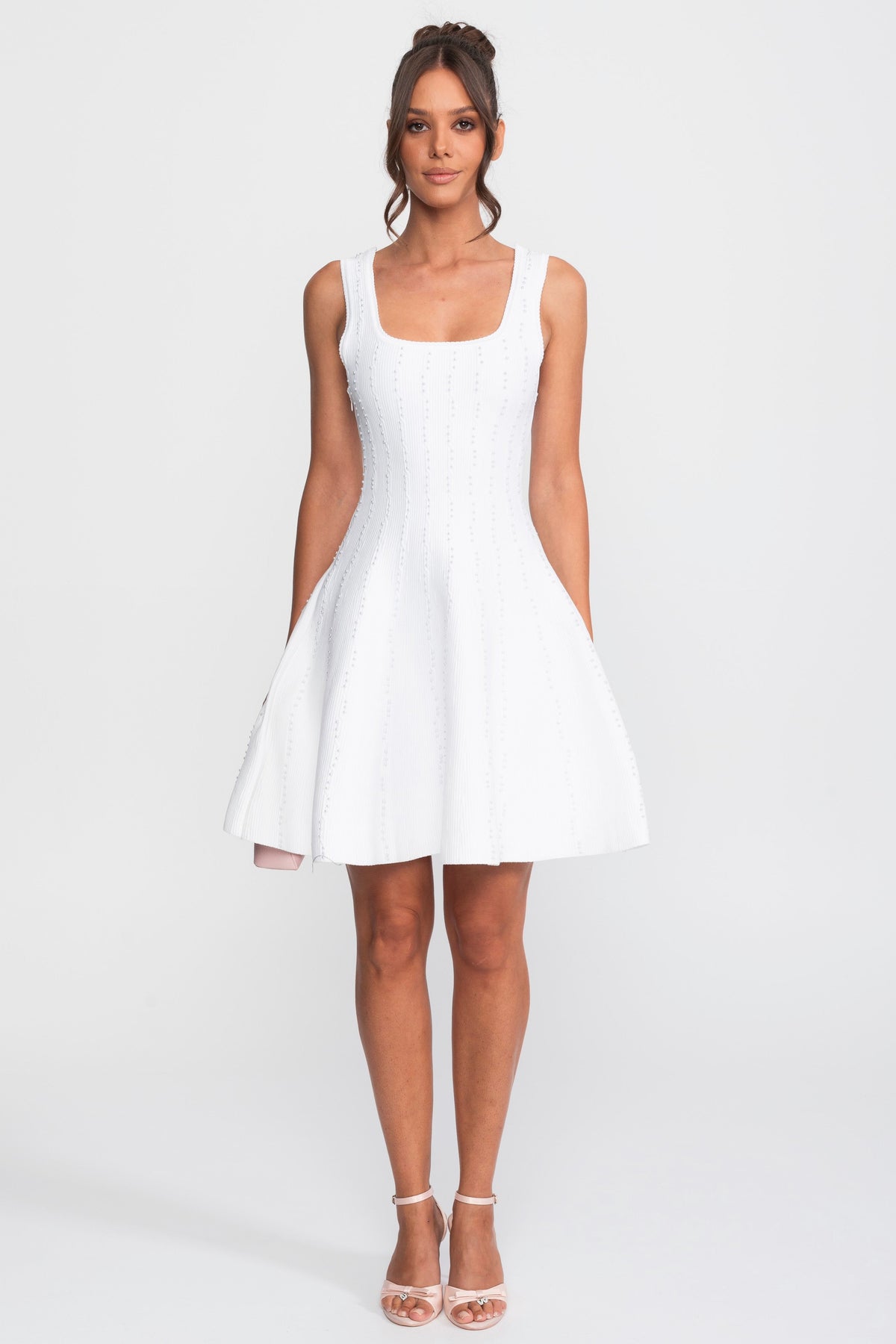 Sleeveless Square Neck Ribbed Knit Mini Dress with Pearl Beading – White – view 1