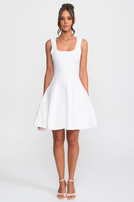 Sleeveless Square Neck Ribbed Knit Mini Dress with Pearl Beading – White