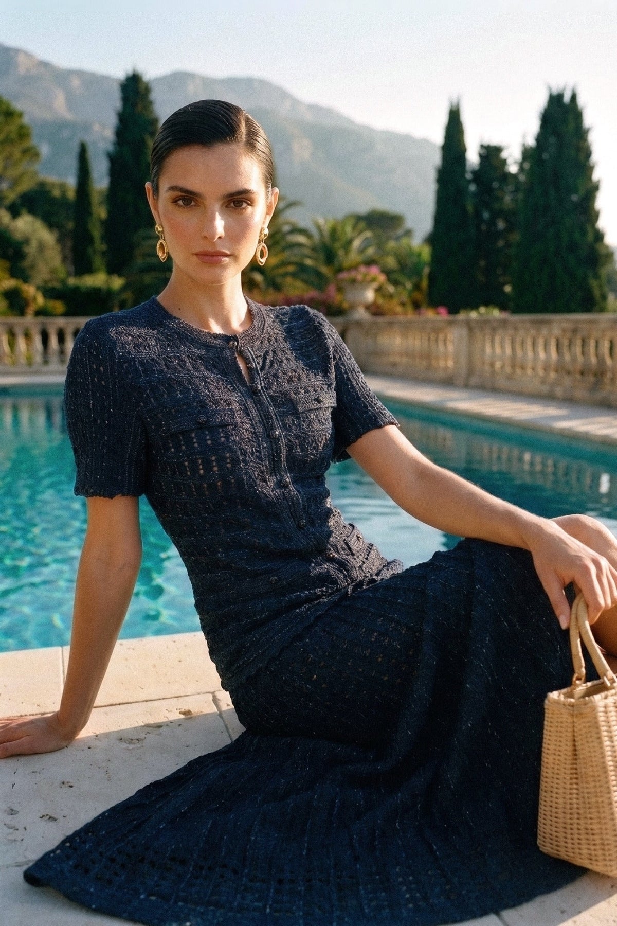 Shimmer Knit Button Front Midi Dress with Pleated Skirt – Navy – view 6