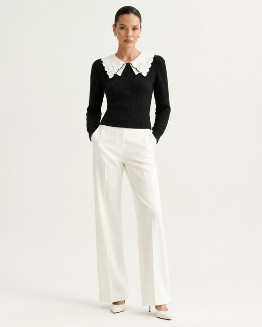Kimberly Long Sleeve Cardigan with Embroidered Floral Collar – Black – view 2