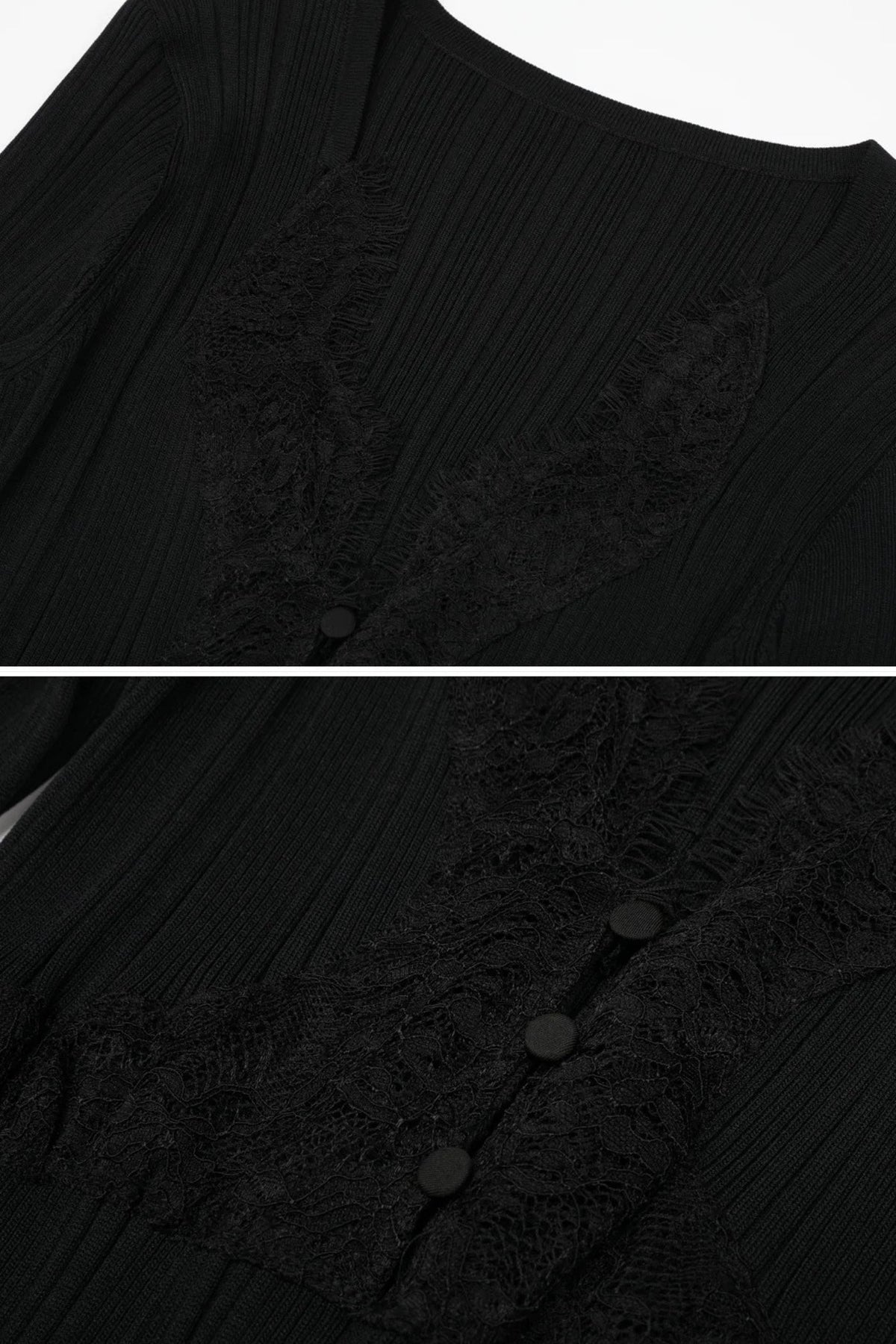 Ribbed Knit Lace Trim V-Neck Long Sleeve Midi Dress – Black – view 8