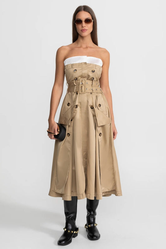 Strapless Double-Breasted Trench Midi Dress with Belted Waist – Beige