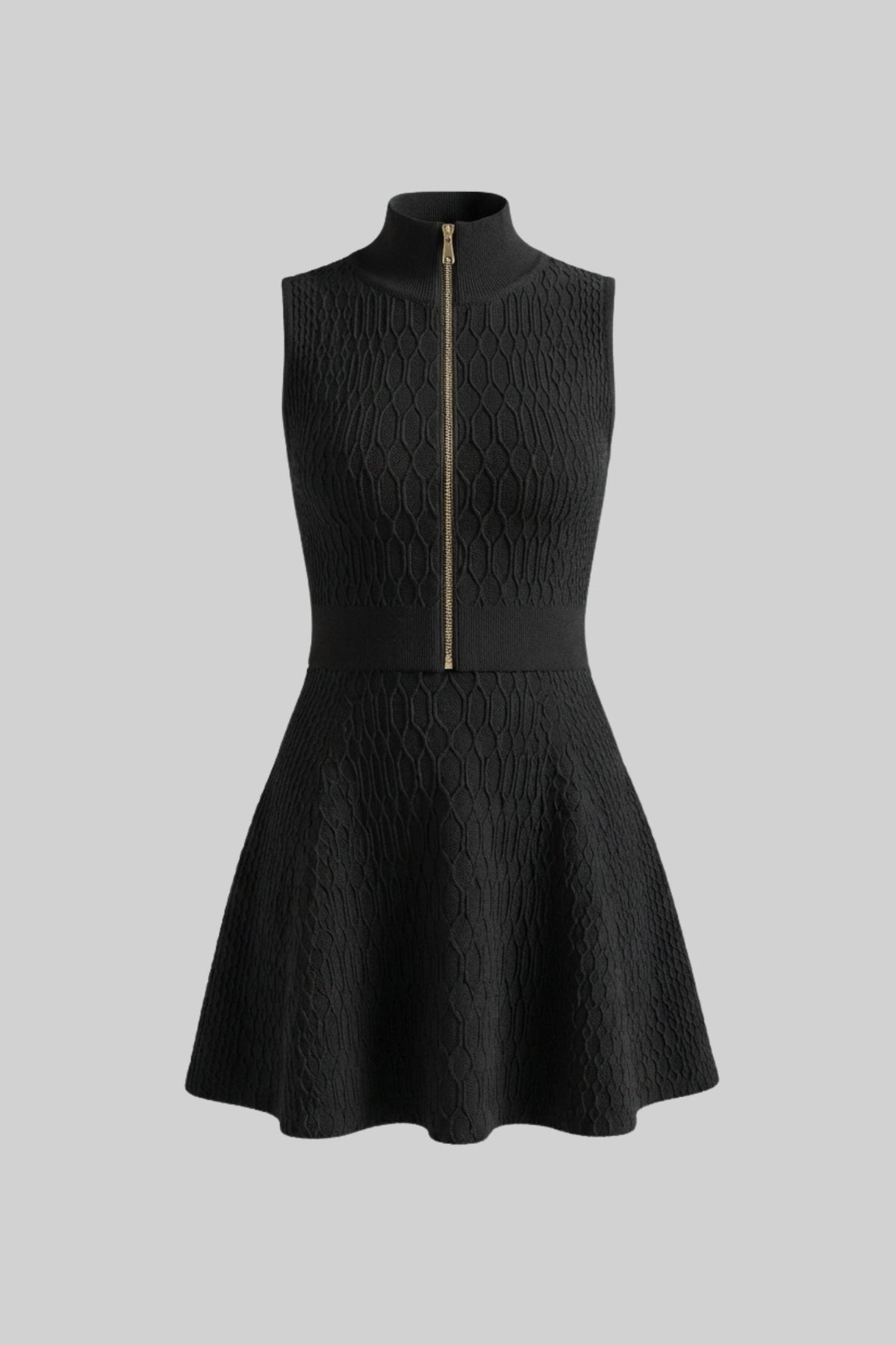 Jacquard Sleeveless High Neck Zip Top and Mini Skirt Set – Black – view 2