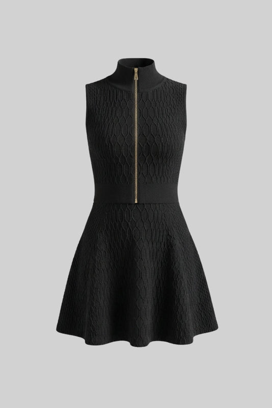 Jacquard Sleeveless High Neck Zip Top and Mini Skirt Set – Black – view 2