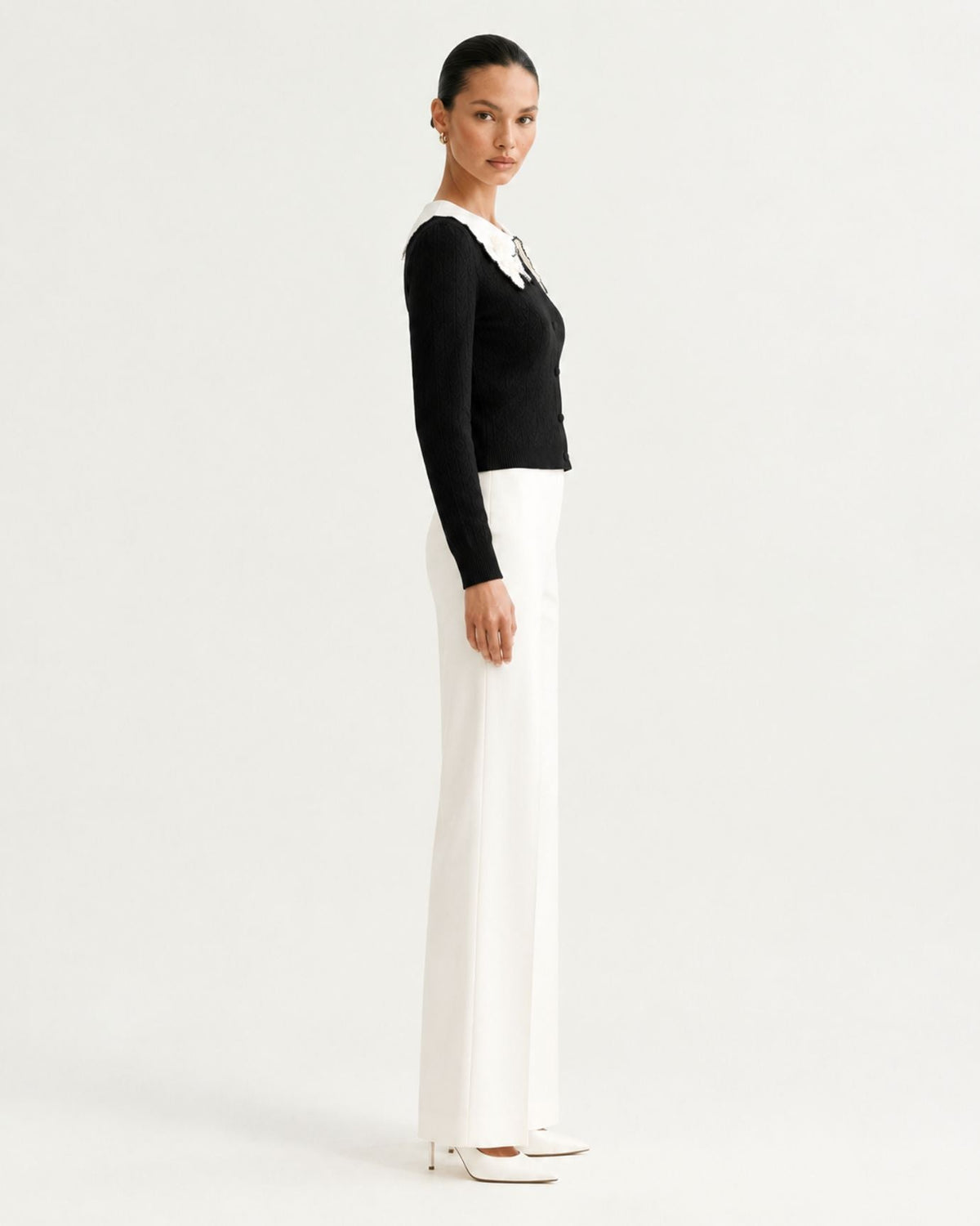 Kimberly Long Sleeve Cardigan with Embroidered Floral Collar – Black – view 3