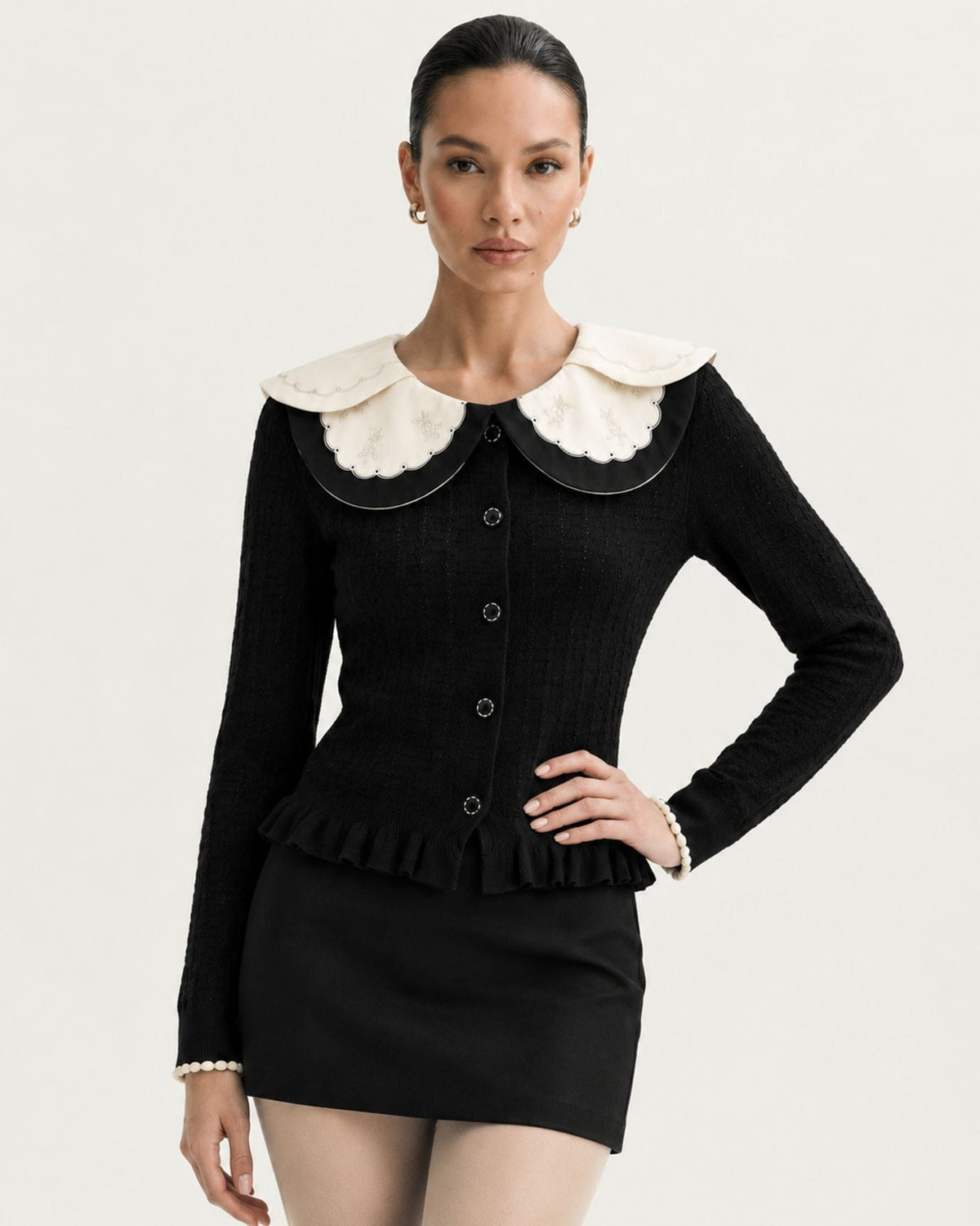 Slim Fit Colourblock Viscose Knit Cardigan with Embroidered Collar – view 6