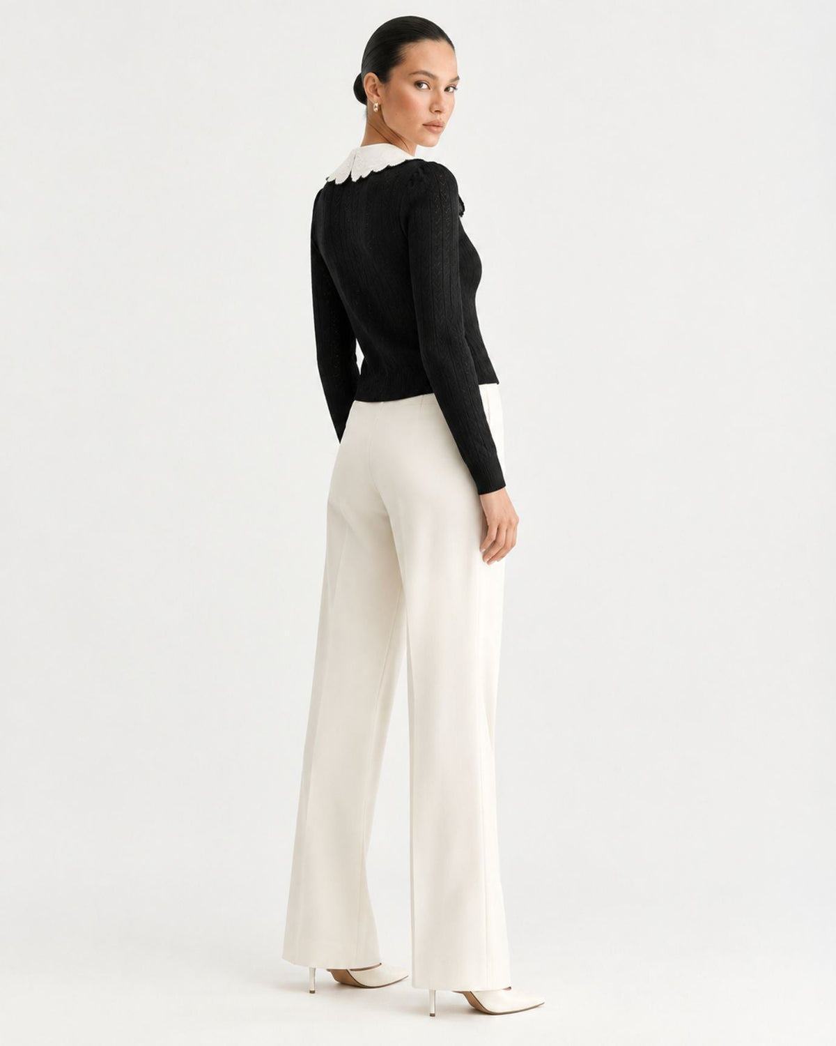Kimberly Long Sleeve Cardigan with Embroidered Floral Collar – Black – view 4