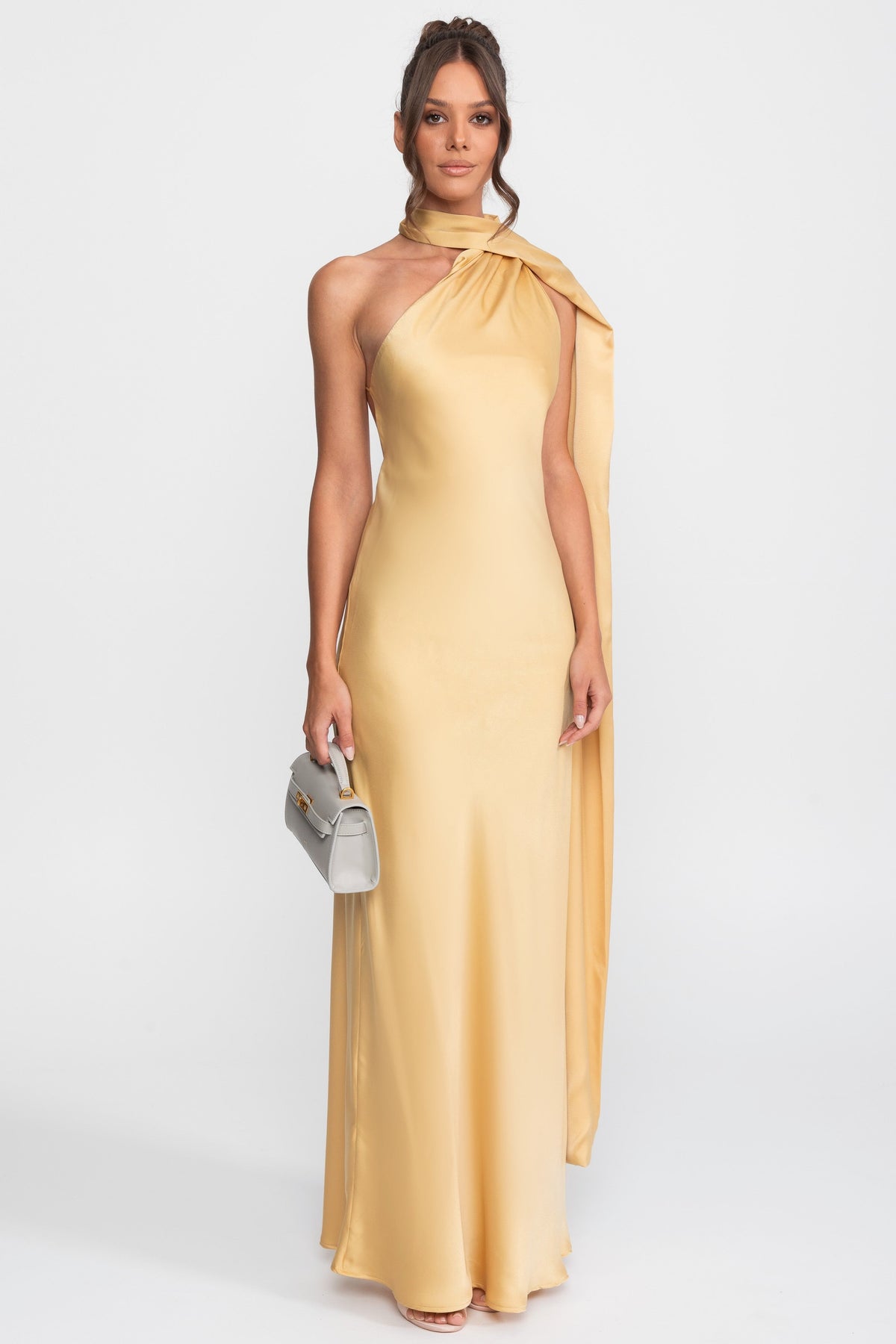 Twist Halter Satin Slip Dress with Asymmetric Neckline – Yellow