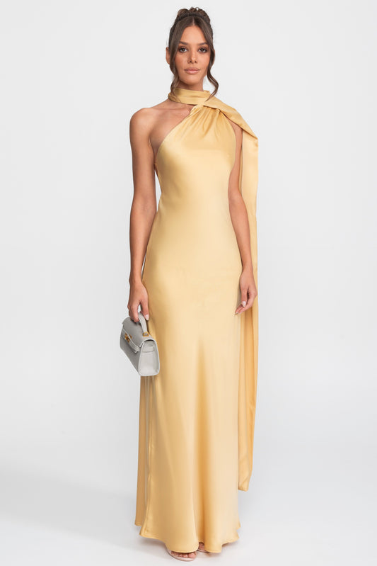 Twist Halter Satin Slip Dress with Asymmetric Neckline – Yellow