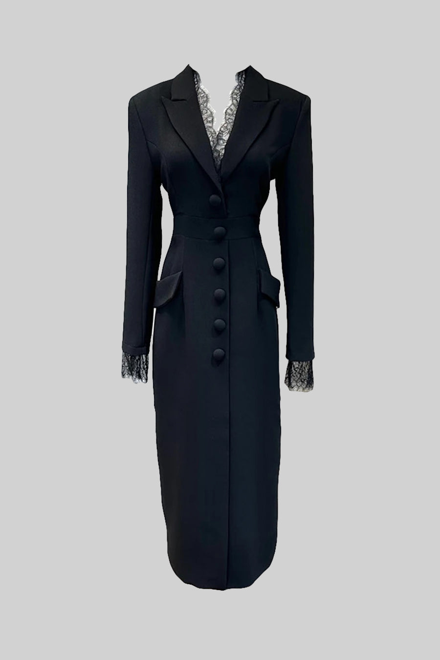 Long Sleeve Button Front Dress with Lace Collar and Cuffs – Black