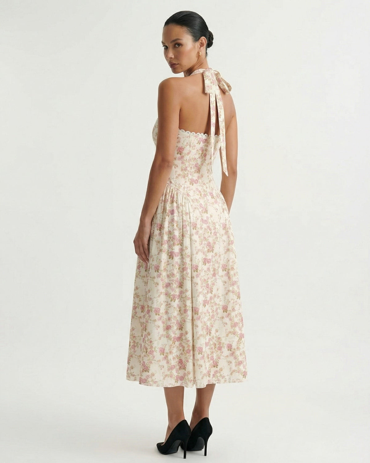 Santorini Halter Neck Contoured Stretch Dress – Small Red Flowers on White – view 4
