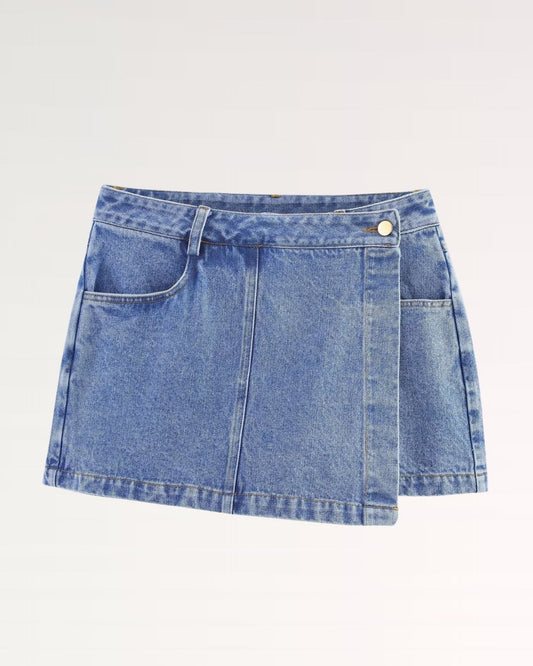 New York High Rise Denim Wrap Skort with Button Front – Blue