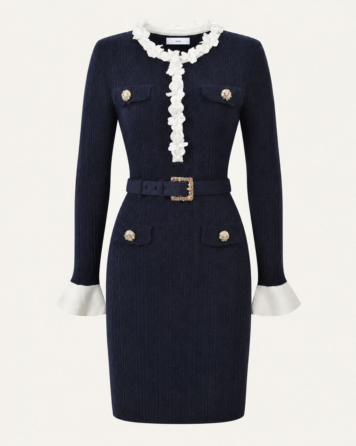 Kira Bell Sleeve Belted Acrylic Knit Mini Dress – Navy Blue – view 1