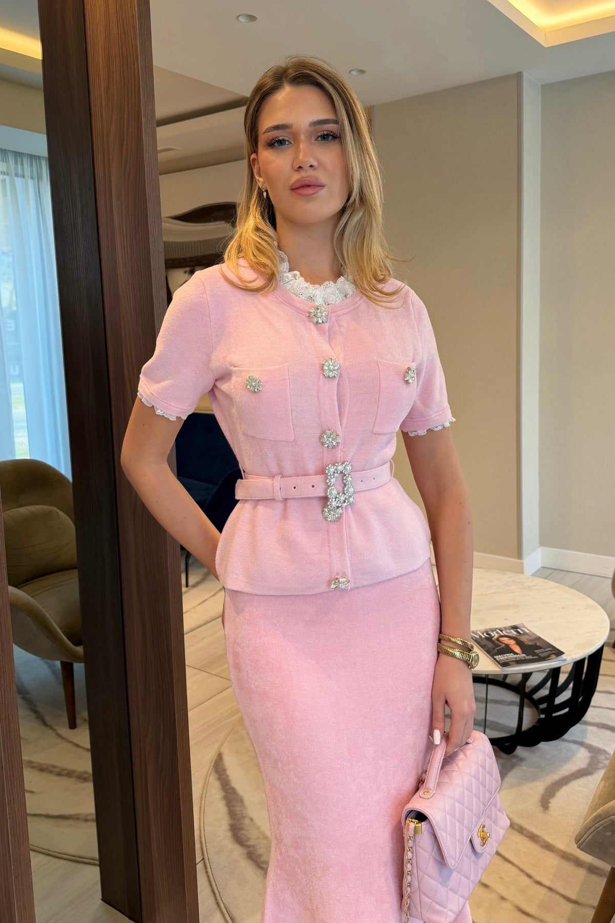 Peplum Knit Top and Fluted Midi Skirt Set with Crystal Belt – Blush Pink – view 4