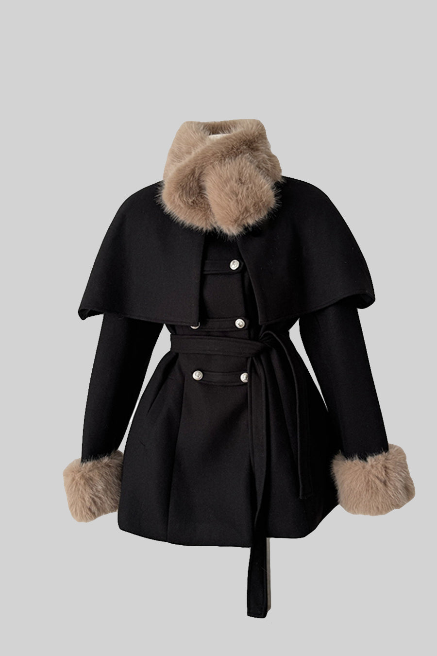 Double-Breasted Coat with Detachable Cape and Furry Trim – Black – view 2