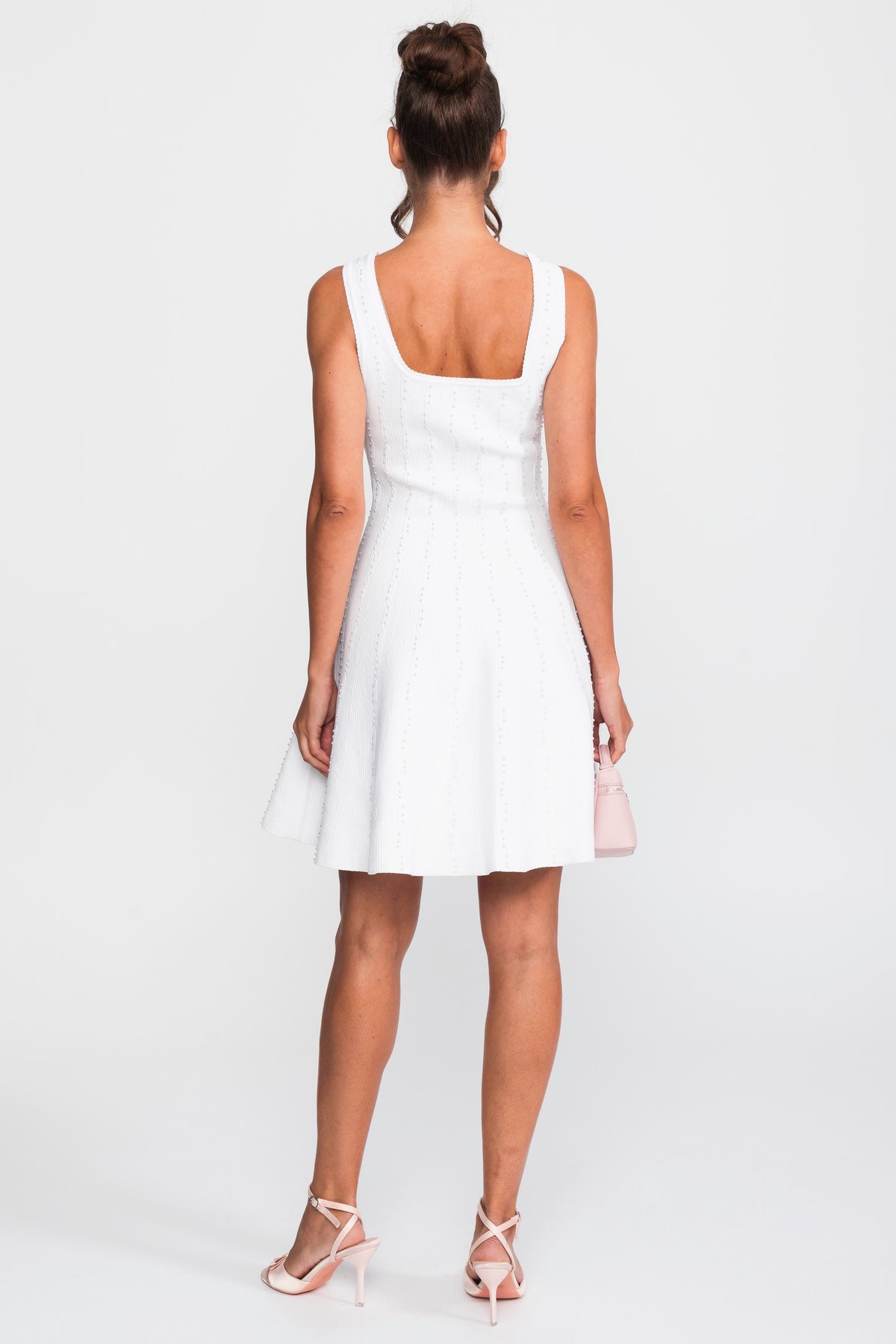 Sleeveless Square Neck Ribbed Knit Mini Dress with Pearl Beading – White – view 5