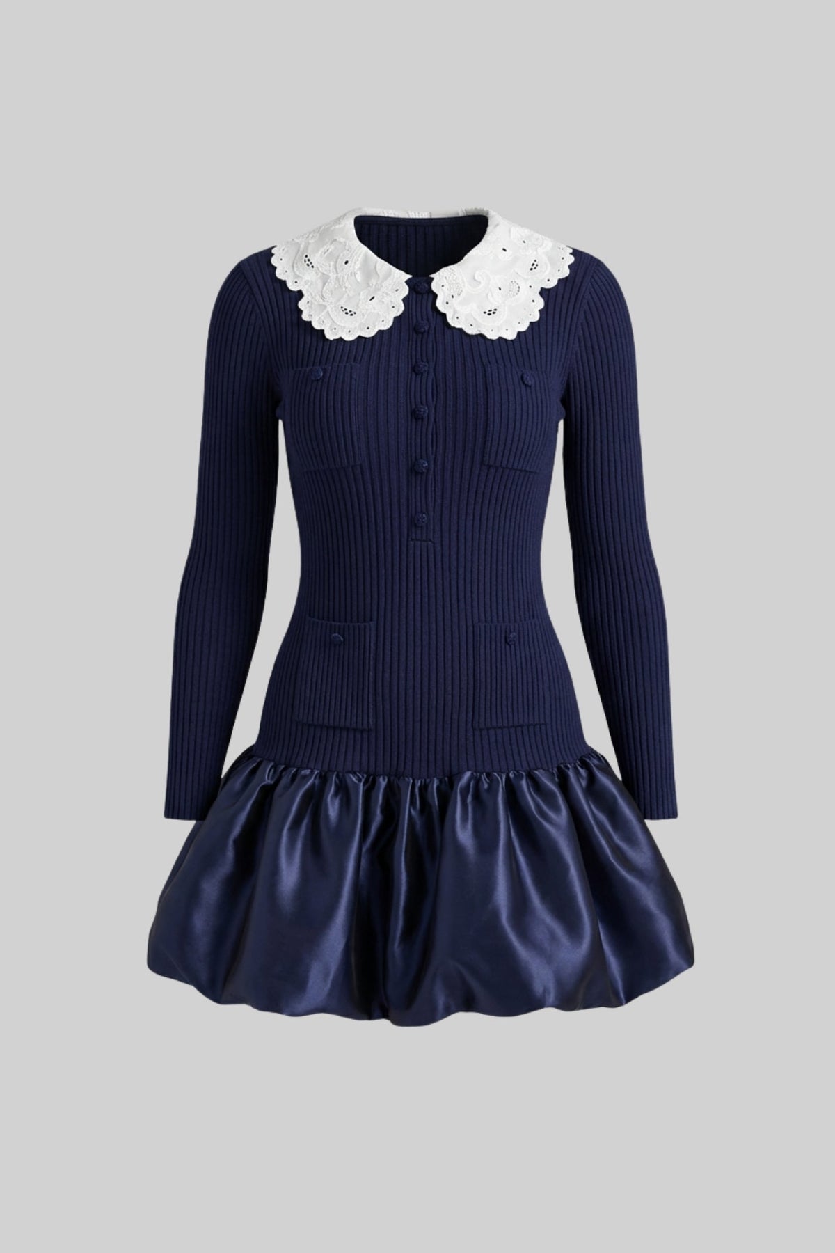 Knit Long Sleeve Mini Dress with Broderie Peter Pan Collar – Navy – view 2