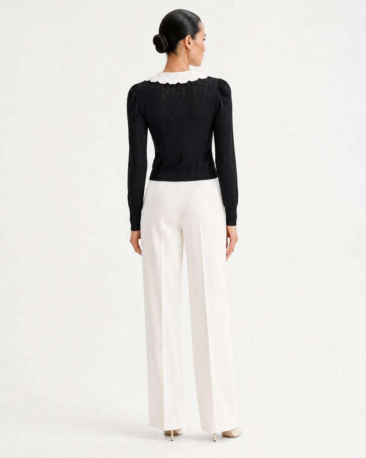 Kimberly Long Sleeve Cardigan with Embroidered Floral Collar – Black – view 5