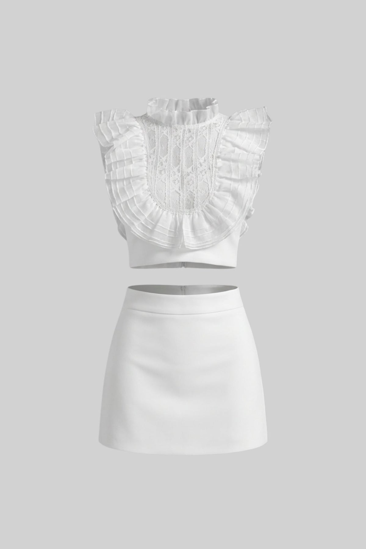 Sleeveless Pleated Ruffle Bib Crop Top and Mini Skirt Set – White – view 2
