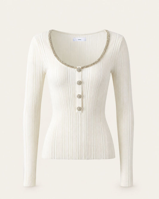 Diamond-Embellished Scoop Neck Slim Fit Jersey Top