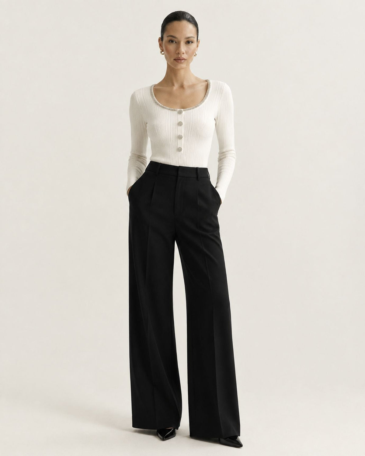 Diamond-Embellished Scoop Neck Slim Fit Jersey Top – view 3