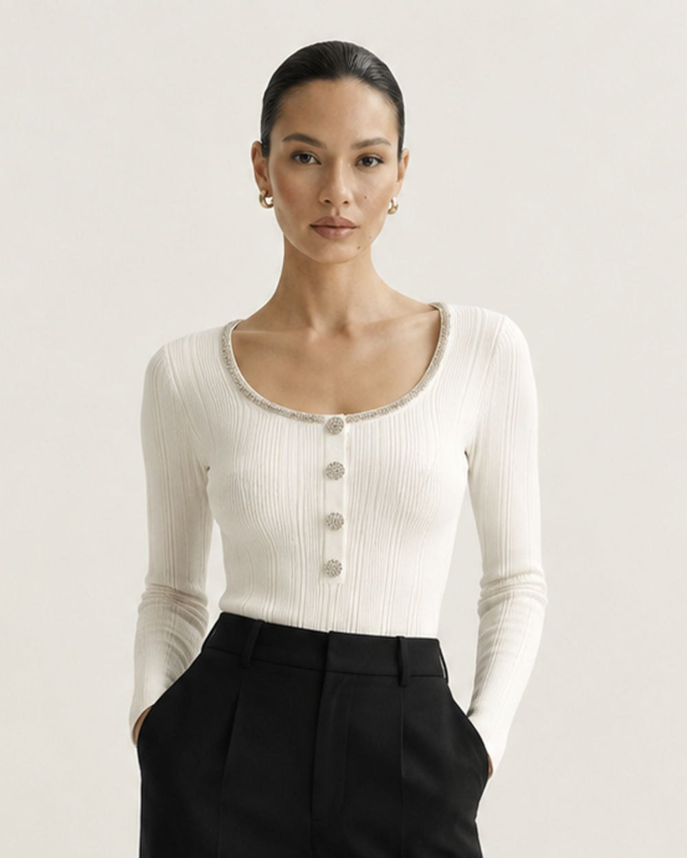 Diamond-Embellished Scoop Neck Slim Fit Jersey Top