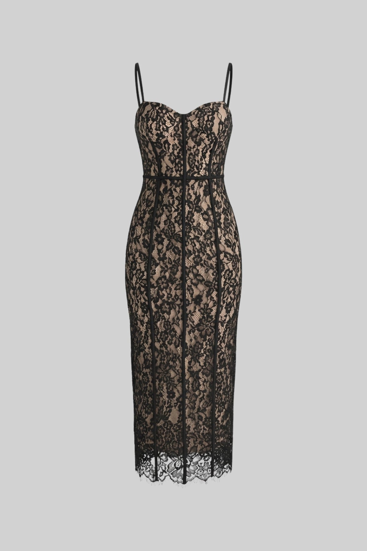 Lace Pencil Midi Dress with Sheer Corset Bodice and Sweetheart Neck – Black – view 2