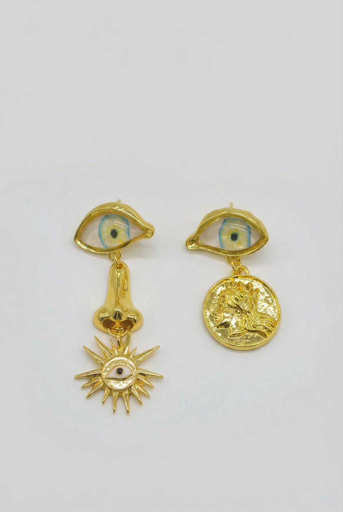 Statement Drop Earrings with Eye Motif and Symbol Charms – Gold – view 3